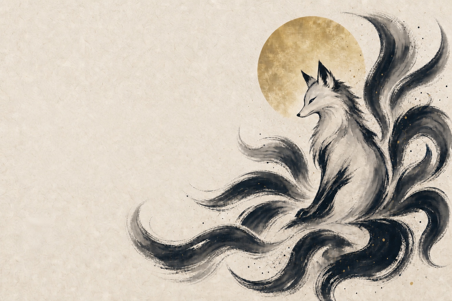 Ink-wash nine-tailed fox beneath a gold moon